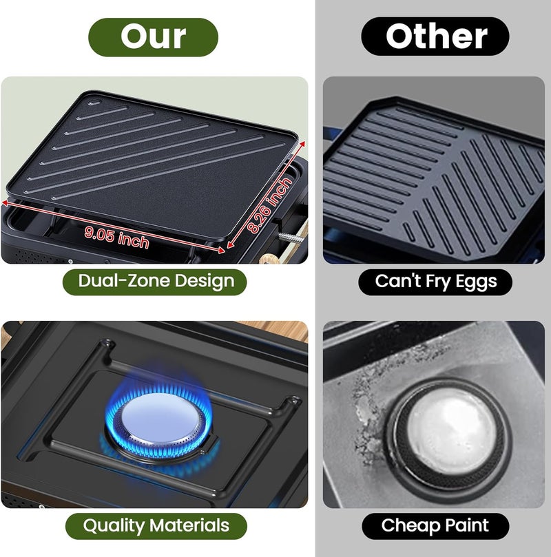 OGERY 2-Burner Foldable Camping Stove with Griddle (Textured & Smooth) and Carrying Bag, Portable Propane Camp Stove with 2 Adjustable Burners & Piezo Ignition, for Camping Tailgating Essentials Gear - Image 4